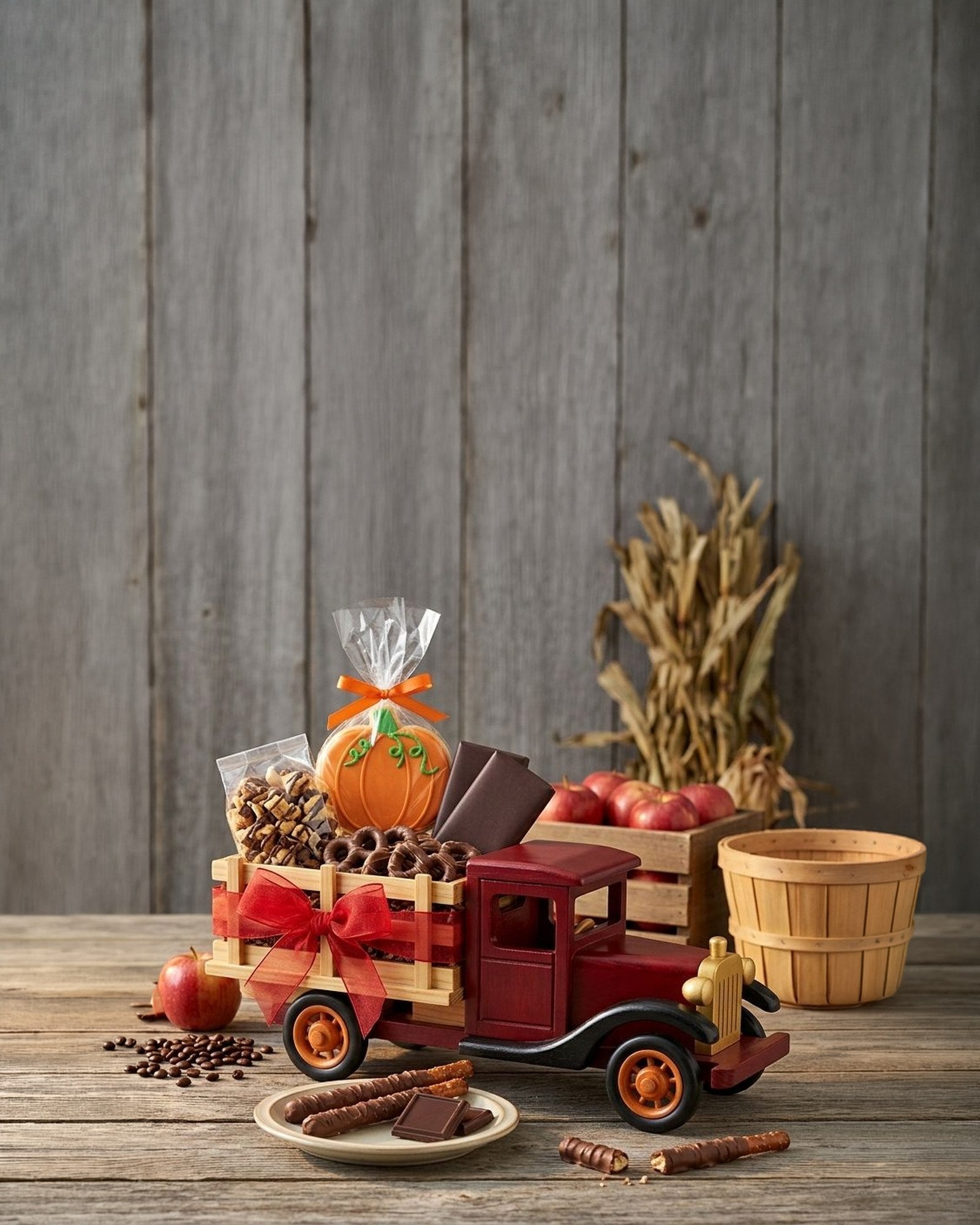 Farm Truckload of Fall Goodies, a red wooden truck filled with fall treats on a rustic barnwood table