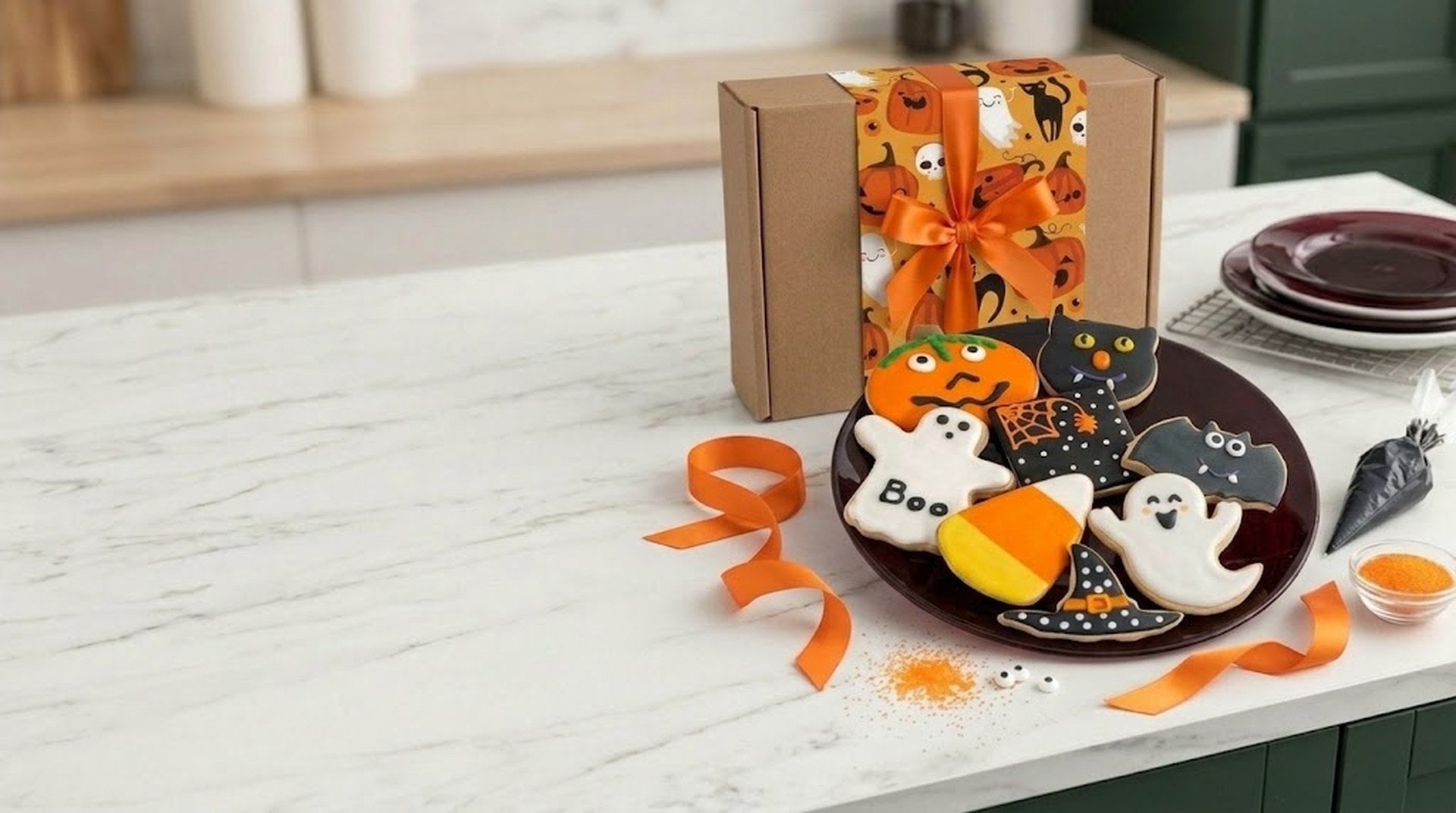 Spooky Frosted Cookies, iced ghost, pumpkin, cat and candy corn cookies beside a ribboned sleeve box on a marble counter