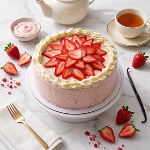 Strawberry Delight Cake with vanilla buttercream and a topping of fresh sliced strawberries