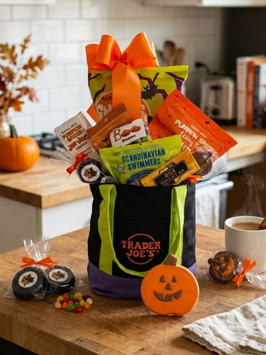 Trader Joe's Halloween tote gift with an orange satin bow on a butcher block kitchen counter, with foil wrapped chocolate dipped Oreos, jelly beans, a chocolate pumpkin lollipop, a hand iced jack o lantern cookie and a mug of hot cider