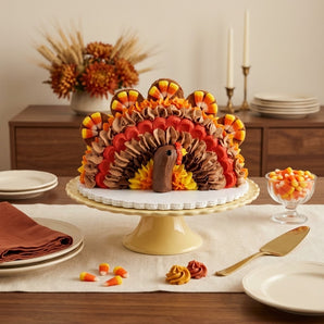 Turkey shaped cake with candy corn feathers on a pale yellow pedestal stand, styled on a cream linen Thanksgiving table with stacked plates, a rust napkin, a bowl of candy corn and a gold cake server