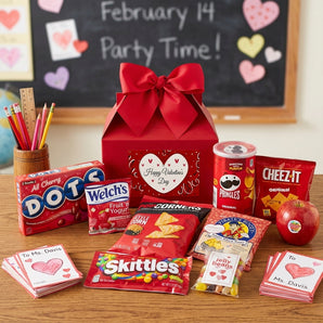 Valentine's Day Box of Treats, a red gift box with Skittles, DOTS, Cheez-It, Pringles and Welch's fruit snacks, on a teacher's desk on Valentine's Day