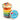 Colorful layered cupcake in a jar with a pool party-themed lid on a white background