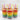 Three rainbow-colored layered lid design  in jars with colorful candles on a white background