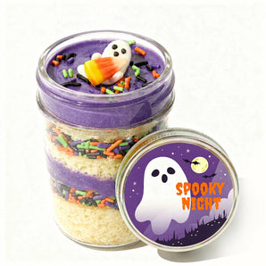 Halloween-themed cupcake dessert in a jar with colorful sprinkles and a customizable ghost label on a white background
