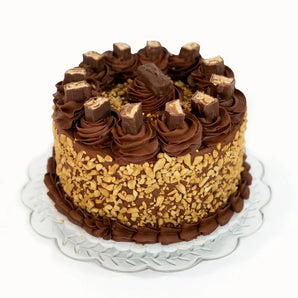 Chocolate cake topped with snickers and sprinkled peanuts on a white background